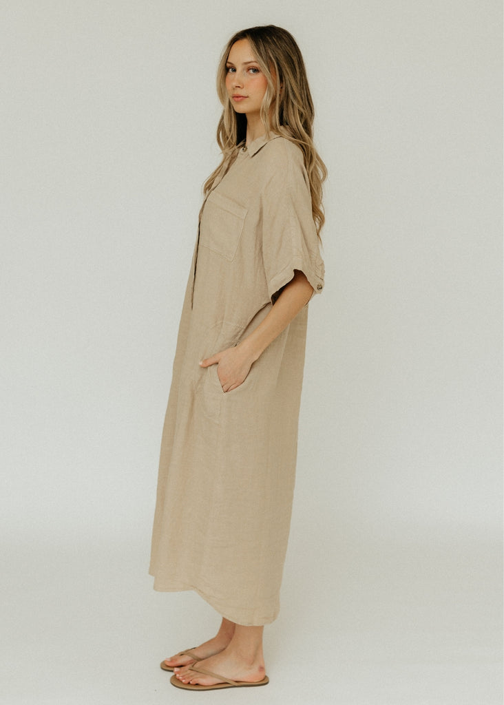 Velvet Sandra Woven Linen Dress in Biscuit Side | Tula's Online Boutique
