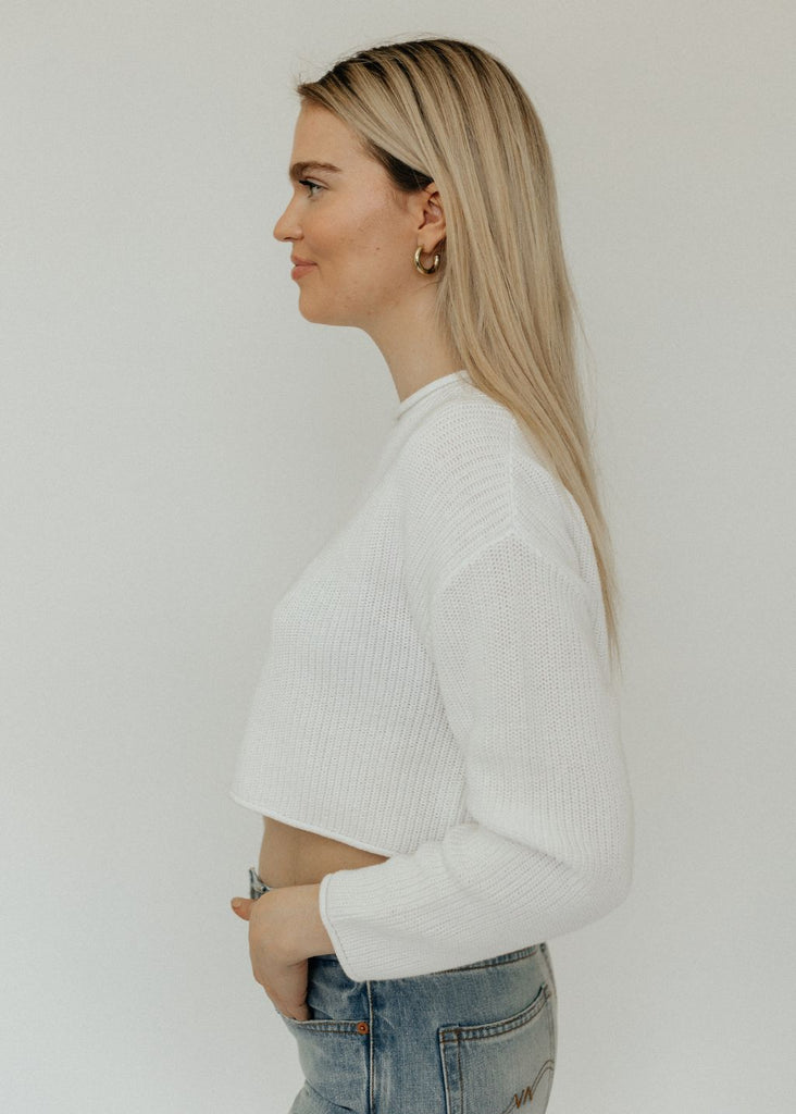 Denimist Cropped Relaxed Sweater in White Side | Tula's Online Boutique