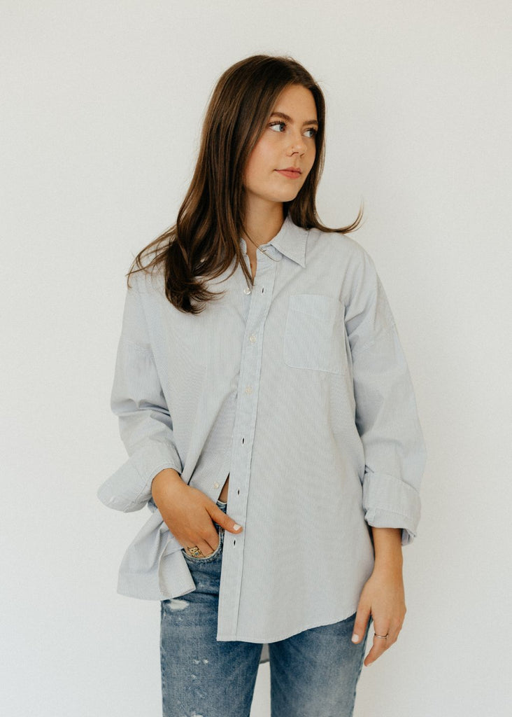 R13 Drop Neck Oxford Shirt in Blu/Whi Stripe Front | Tula's Online Boutique