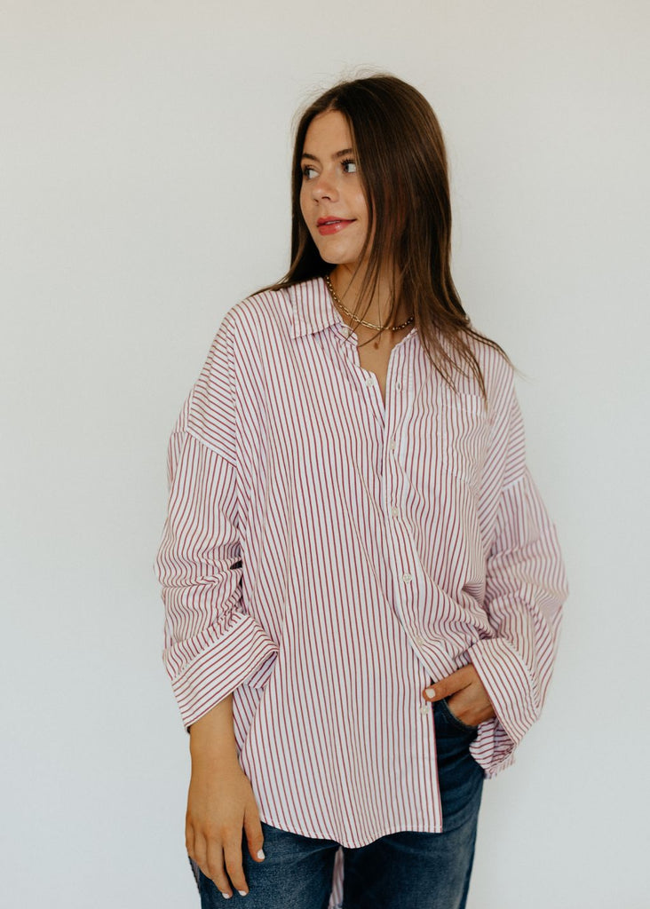 Denimist Button Front Shirt in Red Stripe | Tula's Online Boutique