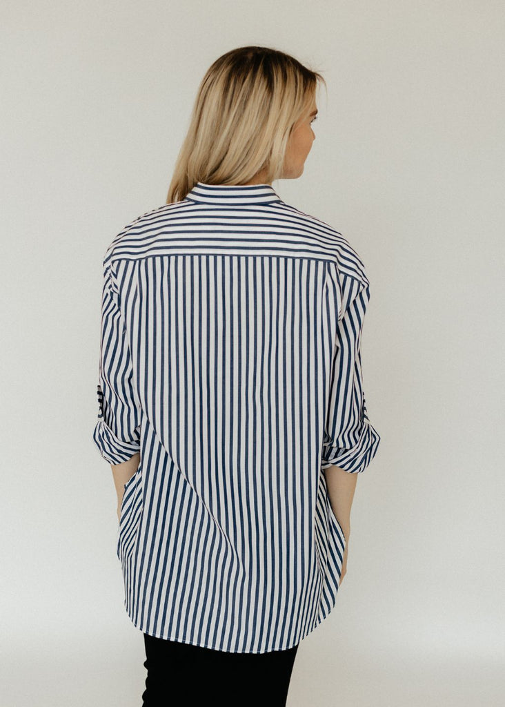 Nili Lotan Yorke Shirt in Large Navy/White Stripes Back | Tula's Online Boutique