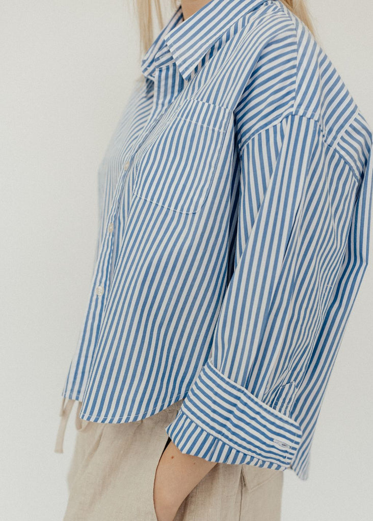 Denimist Cropped Shirt in Med Blue Stripe Details | Tula's Online Boutique