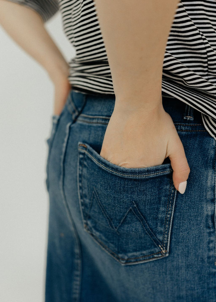 MOTHER The Reverse Pencil Pusher Denim Skirt Pocket Details | Tula's Online Boutique