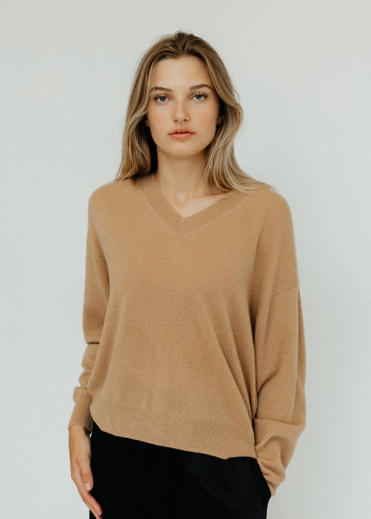 Elizabeth V-Neck Cashmere Sweater in Camel front | Tula's Online Boutique