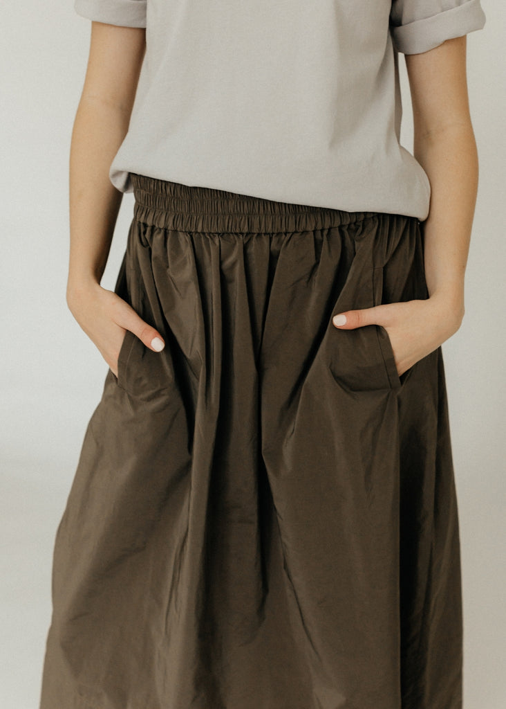 Tibi Nylon Pull on Full Skirt in Dark Taupe Detail | Tula's Online Boutique