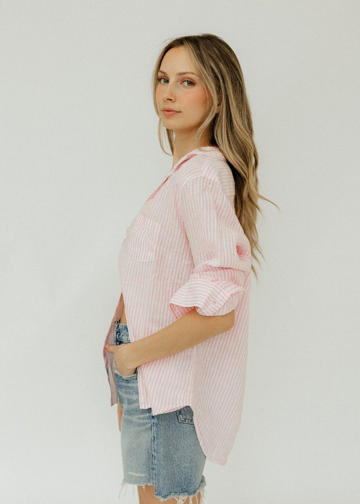 "Eileen" Button Up in Pink Stripe Linen | Tula's Online Boutique