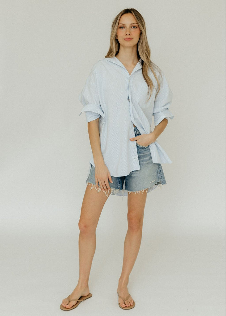 Frank & Eileen "Shirley" Button Up in Light Blue Stripe Styled | Tula's Online Boutique