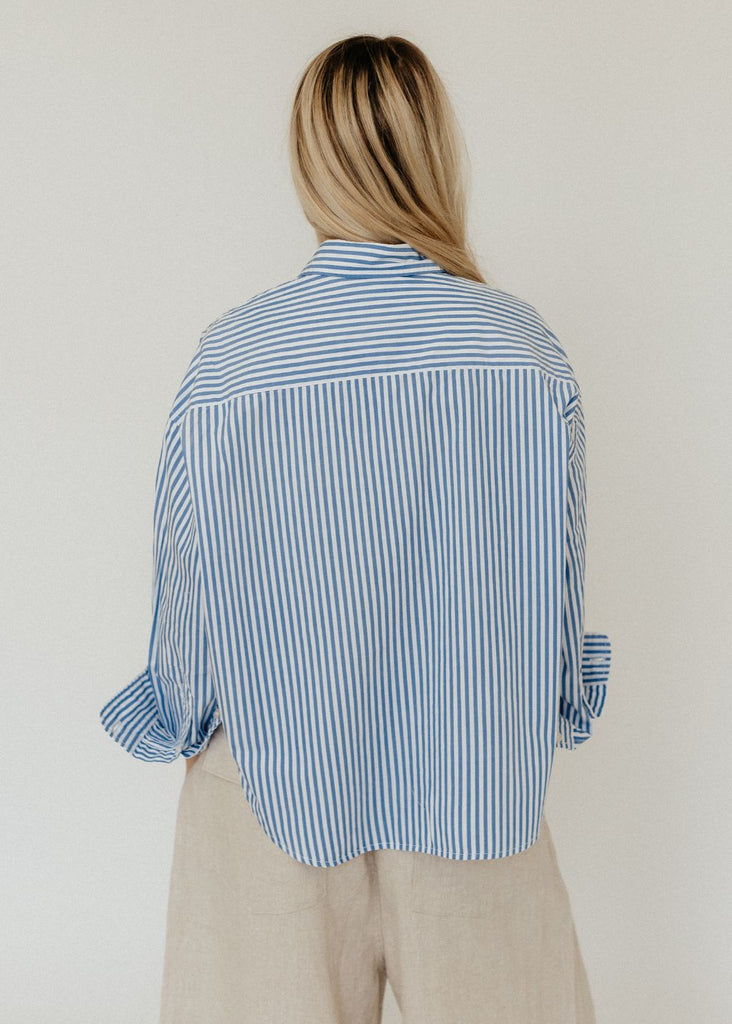 Denimist Cropped Shirt in Med Blue Stripe Back | Tula's Online Boutique