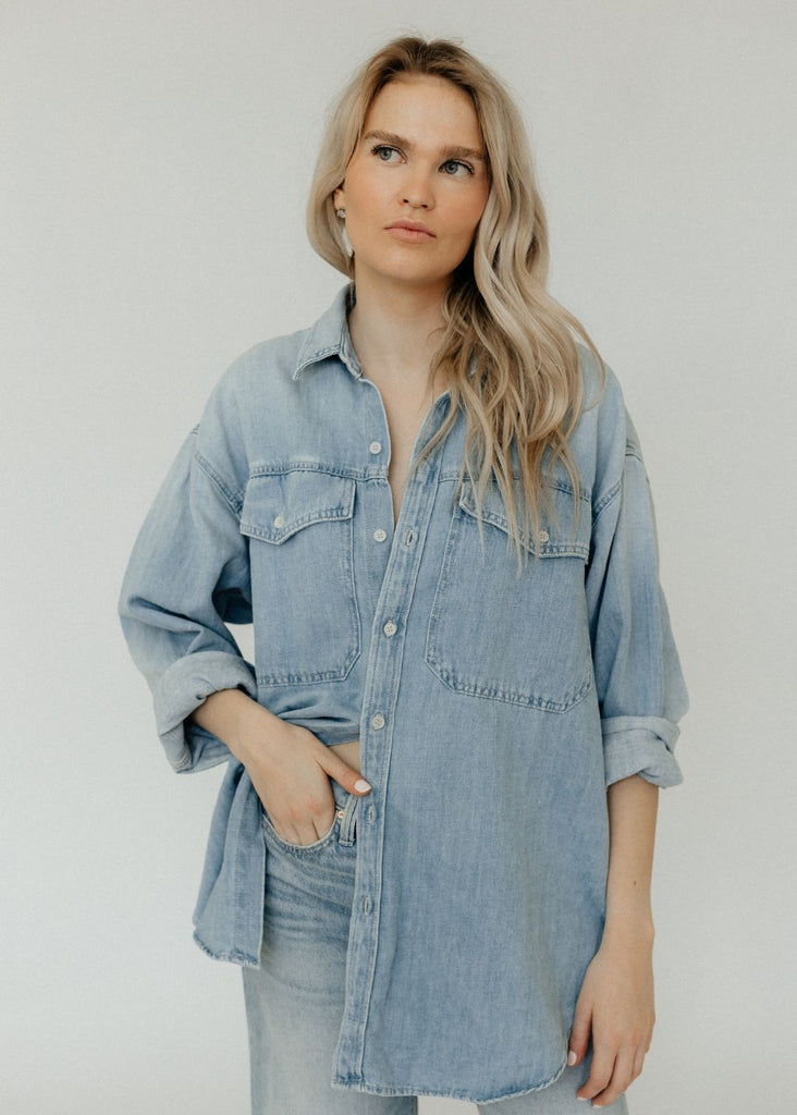 MOTHER The Lazy Sunday Denim Top Front | Tula's Online Boutique
