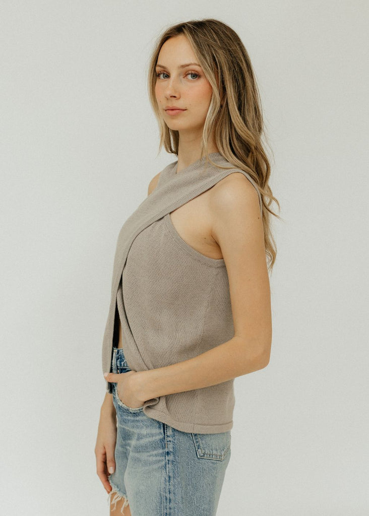 Tibi Cotton Criss Cross Sleeveless Sweater in Light Stone Details | Tula's Online Boutique