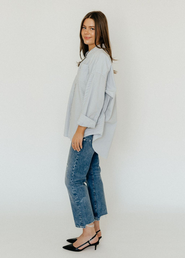 R13 Drop Neck Oxford Shirt in Blu/Whi Stripe Side | Tula's Online Boutique