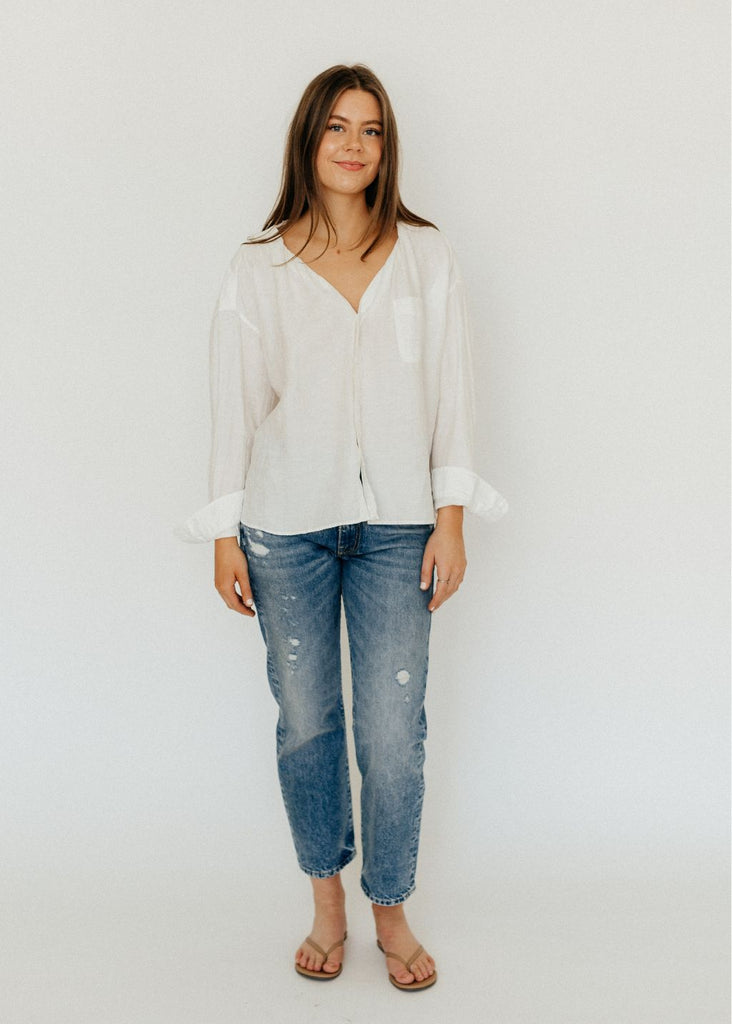 R13 Twisted Neck Shirt in White Front | Tula's Online Bouique