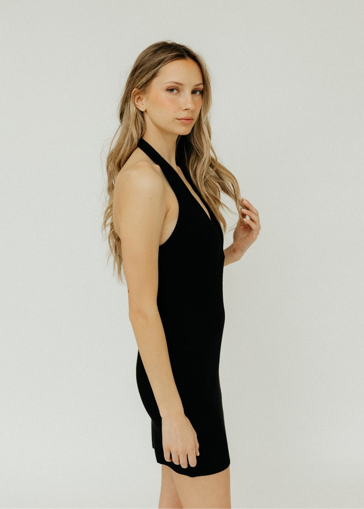 Éterne Halter Mini Dress in Black Side Detail | Tula's Online Boutique