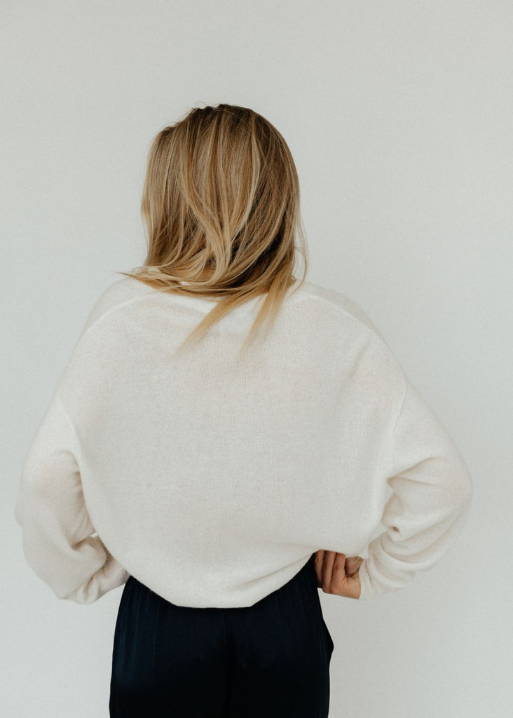 Elizabeth V-Neck Cashmere Sweater in White back | Tula's Online Boutique