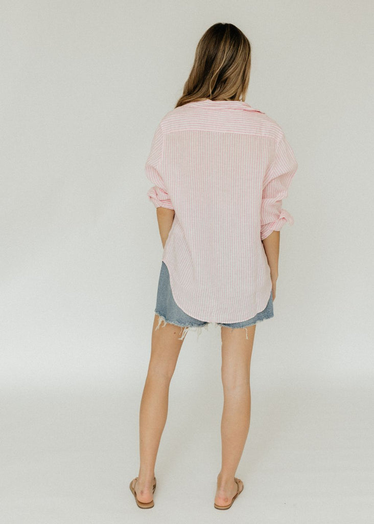 Frank & Eileen "Eileen" Button Up in Pink Stripe Linen Back View | Tula's Online Boutique