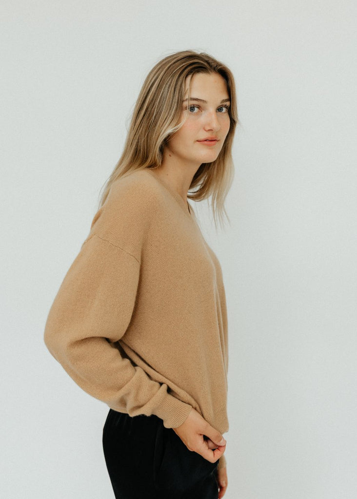 Elizabeth V-Neck Cashmere Sweater in Camel side | Tula's Online Boutique