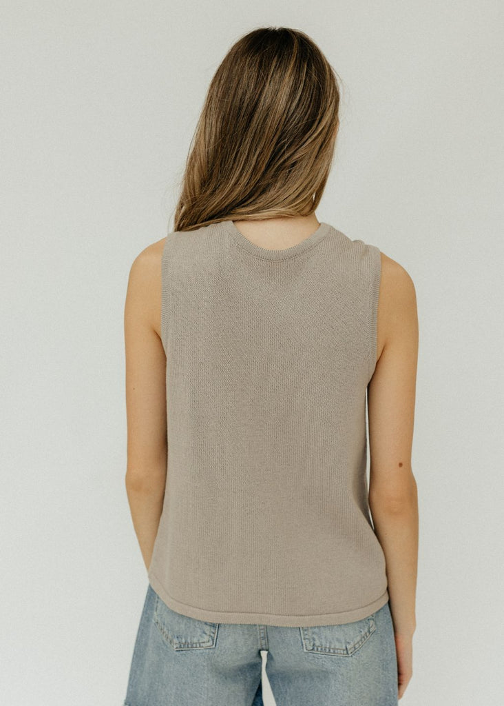 Tibi Cotton Criss Cross Sleeveless Sweater in Light Stone Back View | Tula's Online Boutique