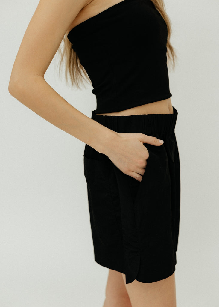 Tibi Silk Nylon Pull On Shorts in Black Side Detail | Tula's Online Boutique