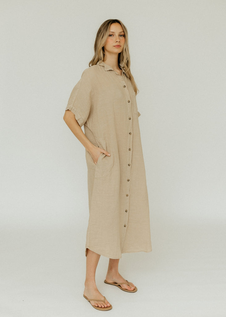 Velvet Sandra Woven Linen Dress in Biscuit Front | Tula's Online Boutique