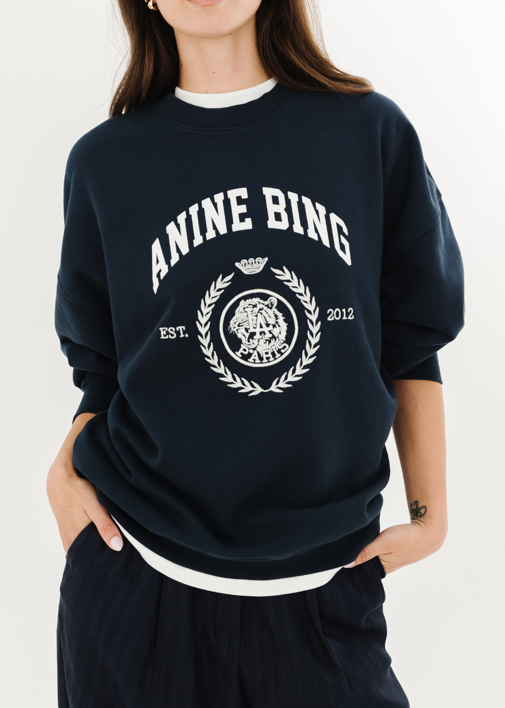 Anine Bing Miles Collegiate Sweatshirt in Dark Navy | Shop Tula