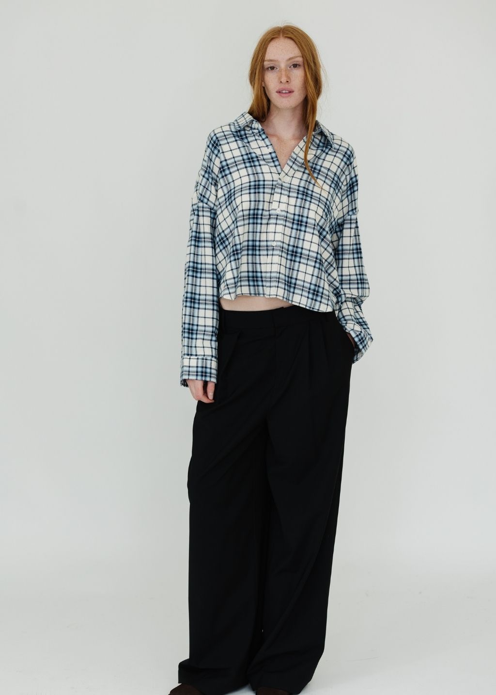 Denimist Cropped Button Front Shirt in Ecru/Blue Plaid | Shop Tula
