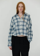 Denimist Cropped Button Front Shirt in Ecru/Light Blue Plaid | Shop Tula