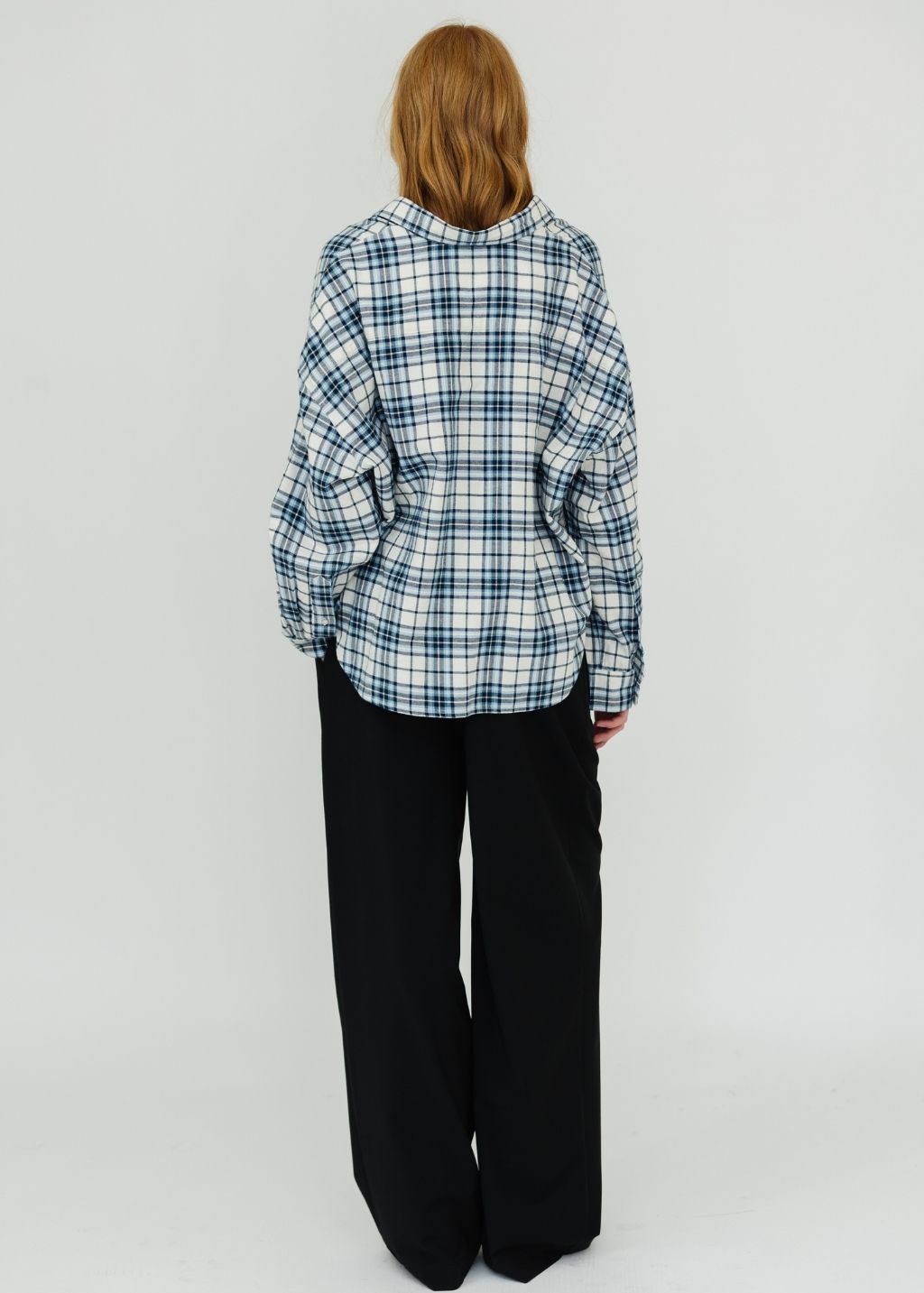 Denimist Cropped Button Front Shirt in Ecru/Light Blue Plaid Back | Shop Tula