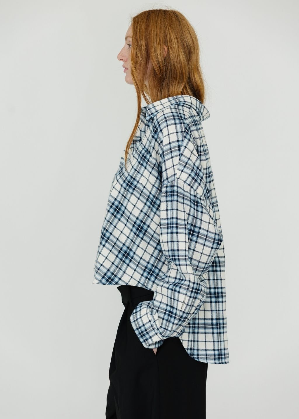 Denimist Cropped Button Front Shirt in Ecru/Light Blue Plaid Side | Shop Tula