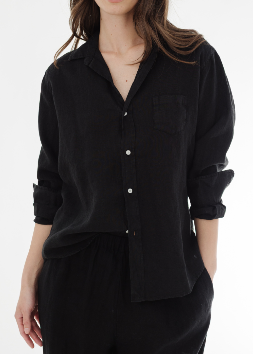 Frank & Eileen 'Eileen' Button-Up in Black Linen | Shop Tula