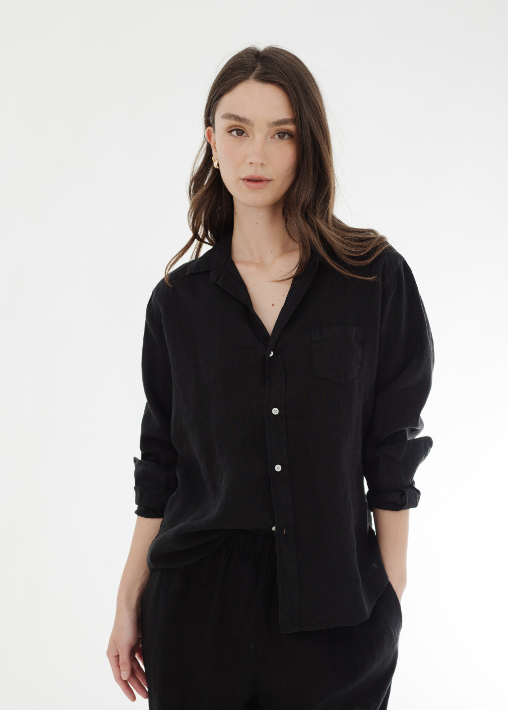 Frank & Eileen 'Eileen' Button-Up in Black Linen | Shop Tula