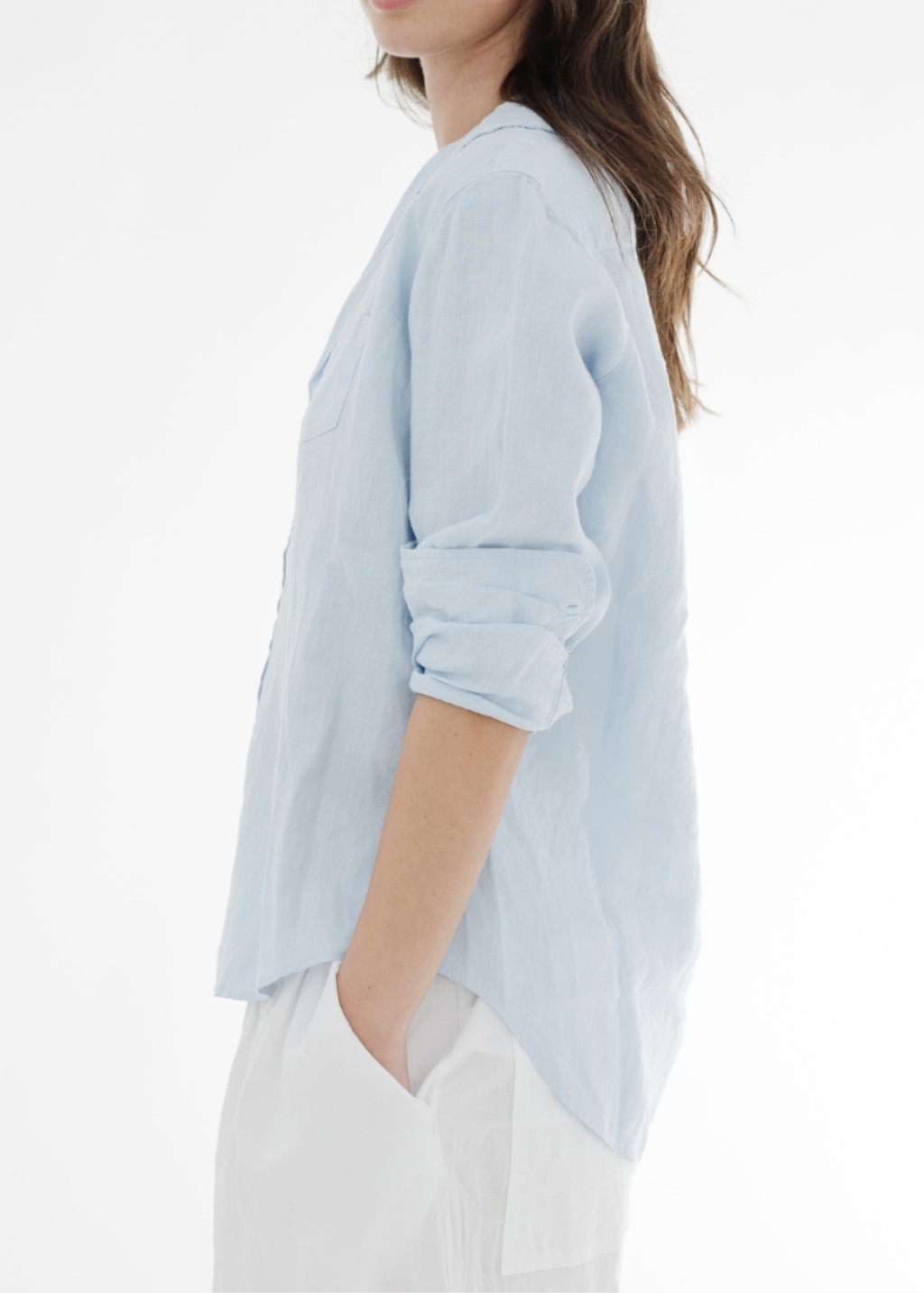Frank & Eileen 'Eileen' Button-Up in Blue French Linen | Shop Tula