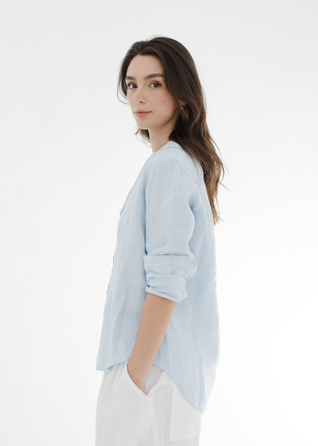 Frank & Eileen 'Eileen' Button-Up in Blue French Linen | Shop Tula