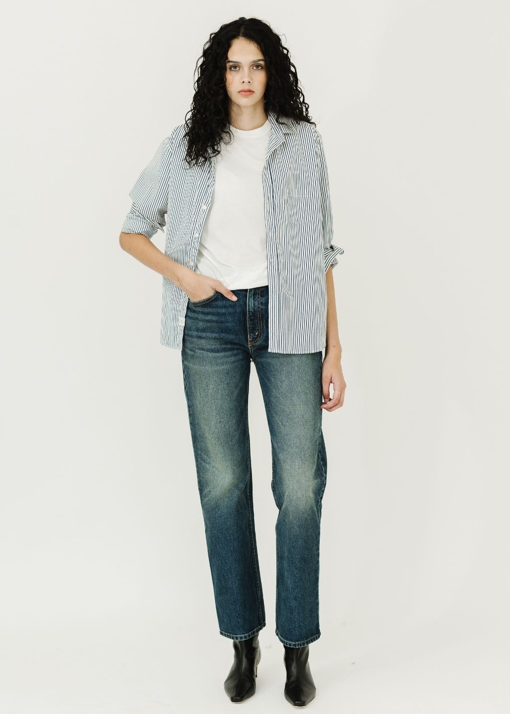 Frank & Eileen 'Eileen' Button-Up in White & Navy Stripe | Shop Tula