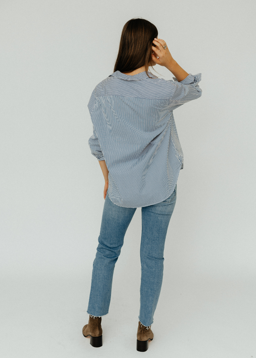 Frank & Eileen "Eileen" Button Up in Navy Thin Stripe | Shop Tula