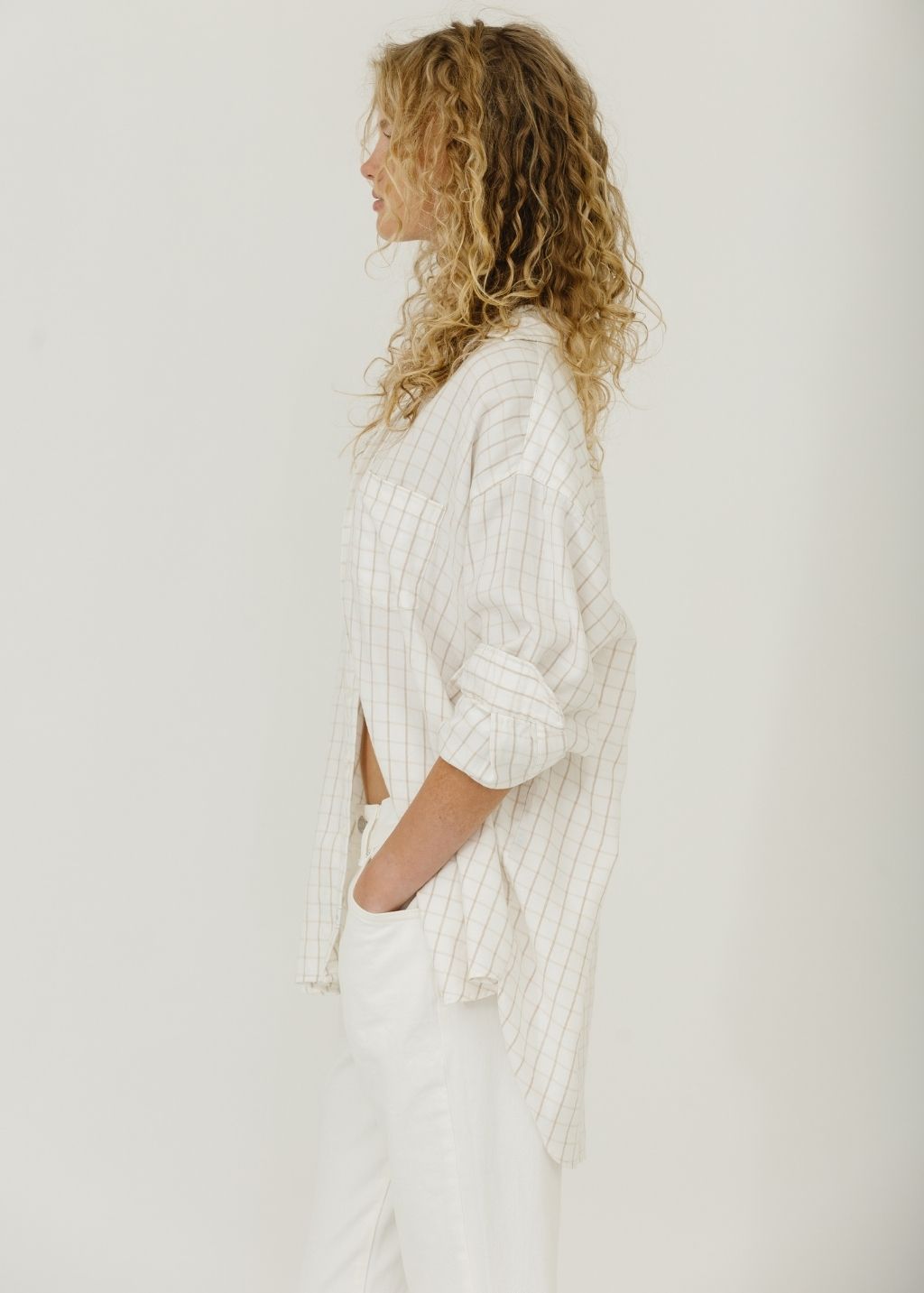 Frank & Eileen "Shirley" Oversized Shirt in Cream/Camel Check | Shop Tula