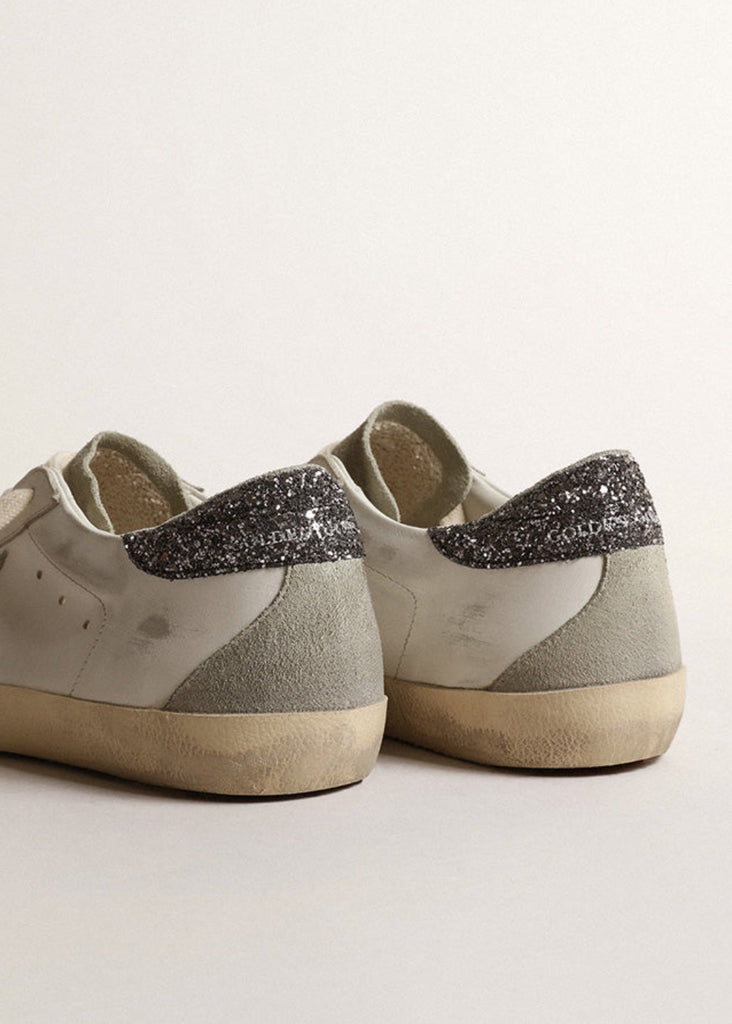 Golden Goose Deluxe Super Star White/Ice Glitter Heel Sneaker | Tula's Online Boutique 