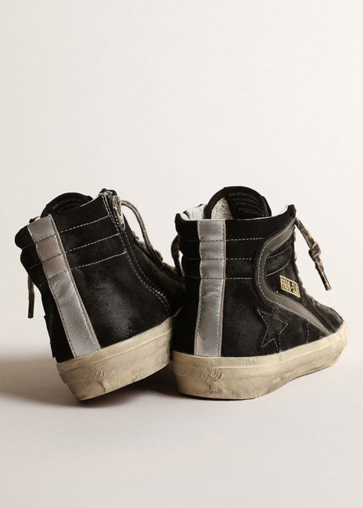 Golden Goose Black Slide Suede Sneaker Silver Heel | Tula's Online Boutique 
