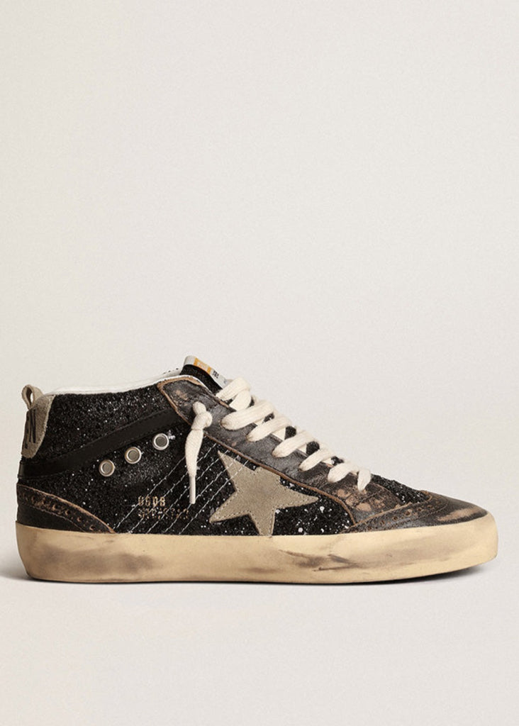 Golden Goose Mid Star Black & Beige Glitter Sneakers | Tula's Online Boutique 