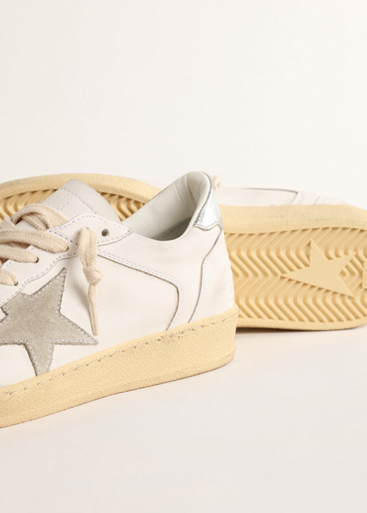 Golden Goose Deluxe Brand Ball Star White Leather, Silver Laminated Heel Sneaker | Tula's Online Boutique
