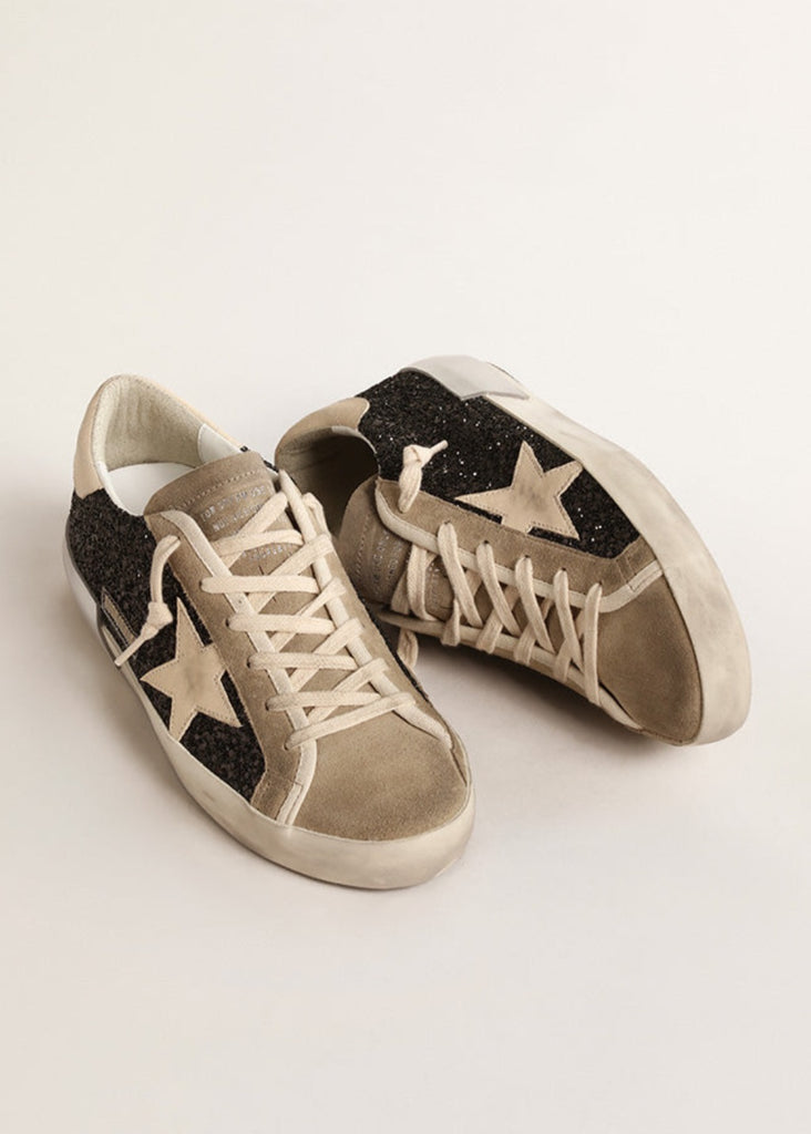 Golden Goose Super Star in Black/Buttercream Glitter & Suede Sneaker | Tula's Online Boutique 