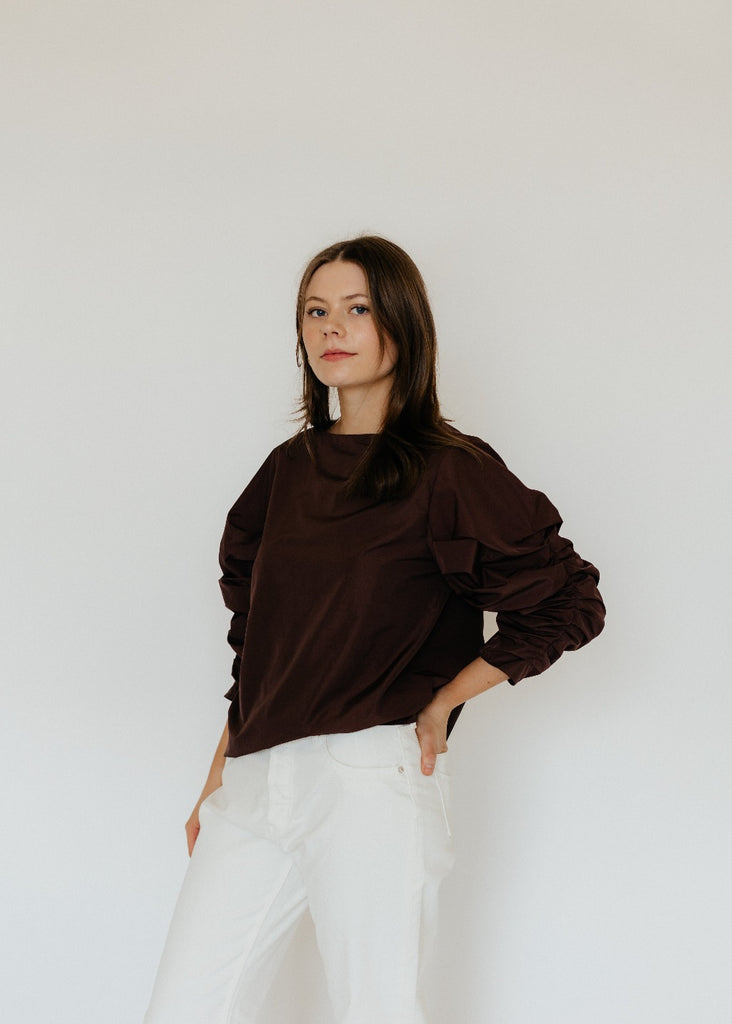 Tibi Sporty Nylon Shirred Sleeve Top | Tula Online Boutique