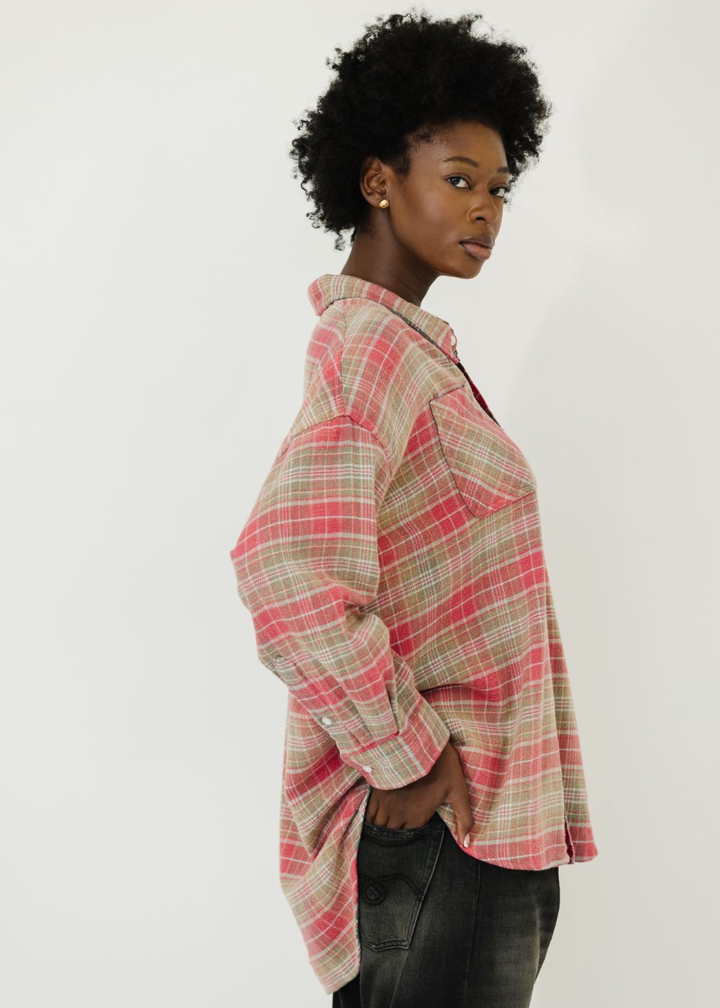 R13 Drop Neck Workshirt in Pink/Teal Plaid | Shop Tula