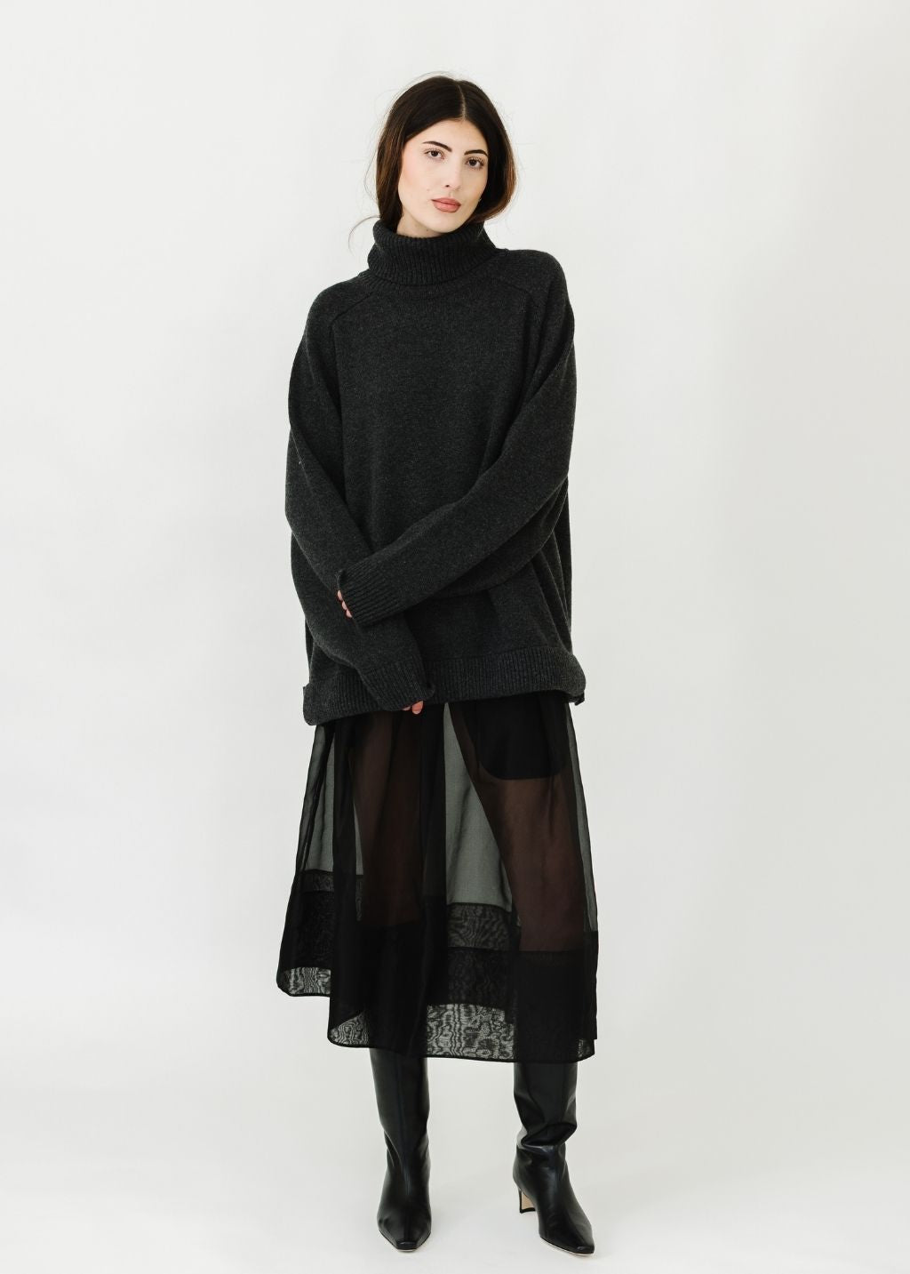 Tibi Cashmere Sweater TNeck Oversized Pullover in Dark Grey | Shop Tula