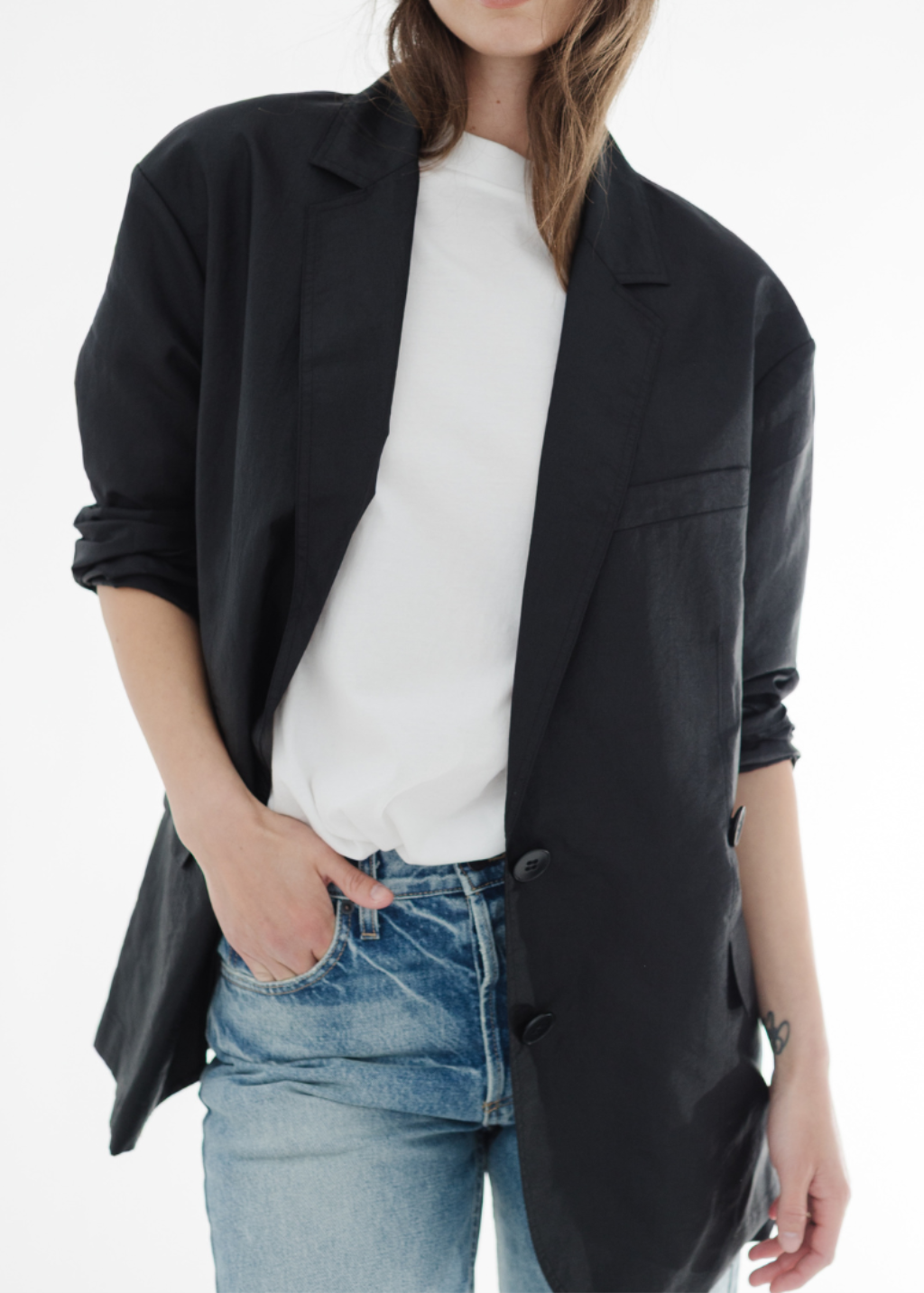 Tibi Crispy Nylon Liam Blazer in Black | Shop Tula