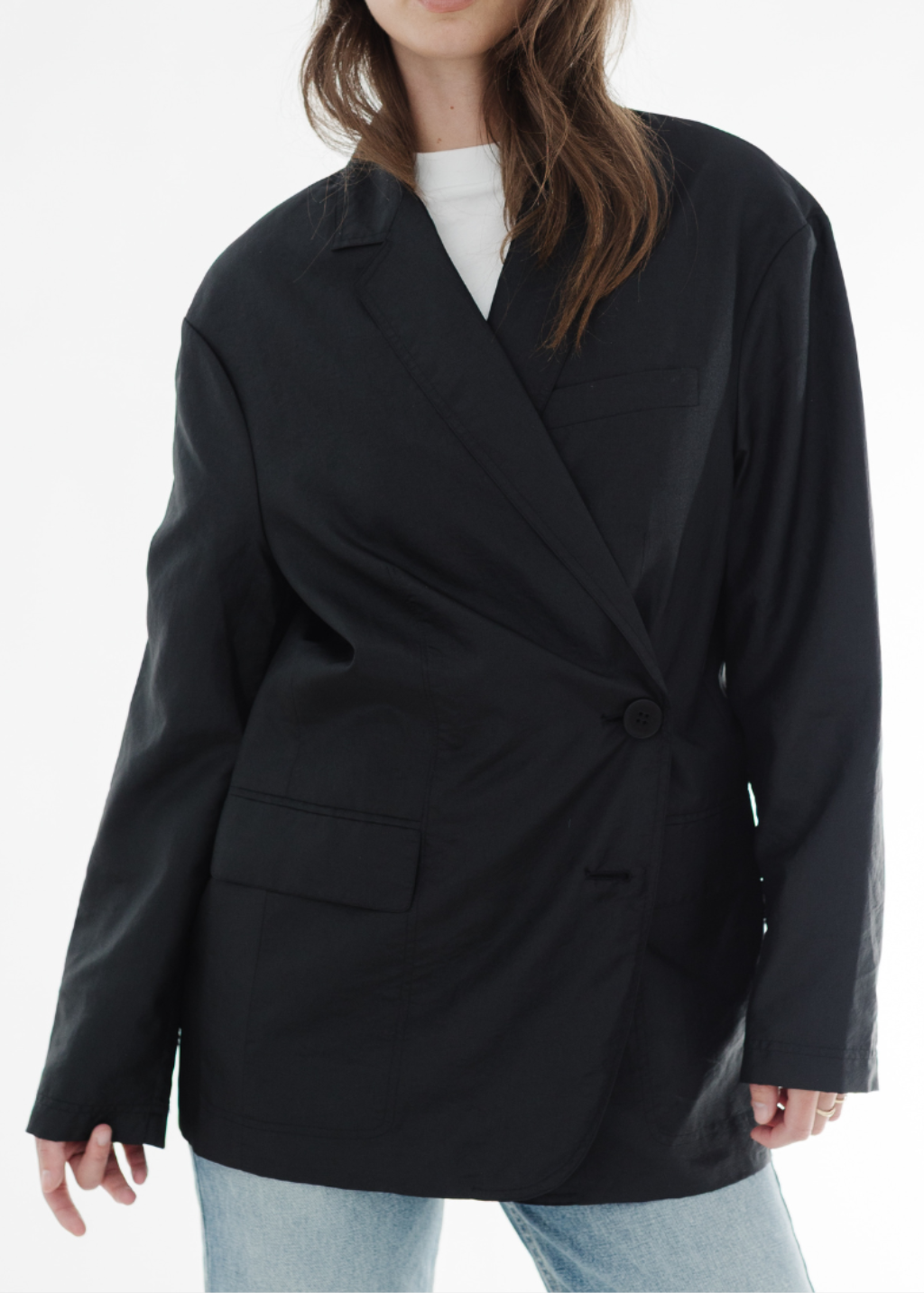 Tibi Crispy Nylon Liam Blazer in Black | Shop Tula