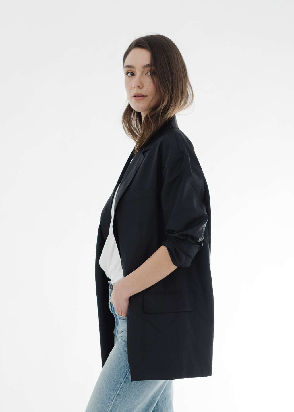 Tibi Crispy Nylon Liam Blazer in Black | Shop Tula