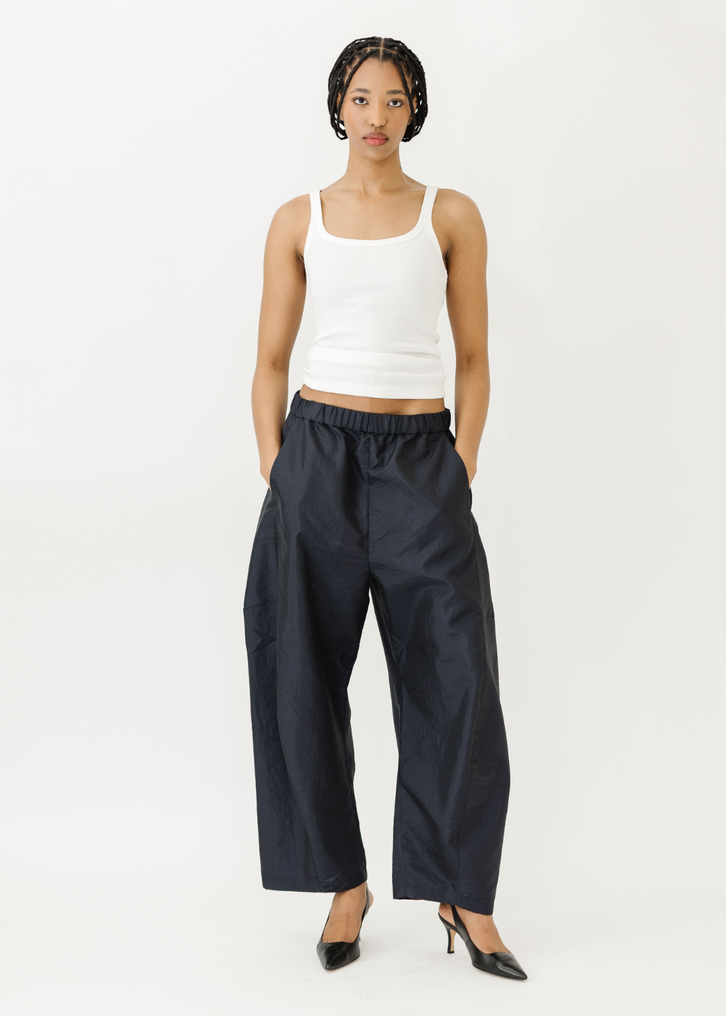 Tibi Crispy Nylon Winslow Pant in Navy | Shop Tula