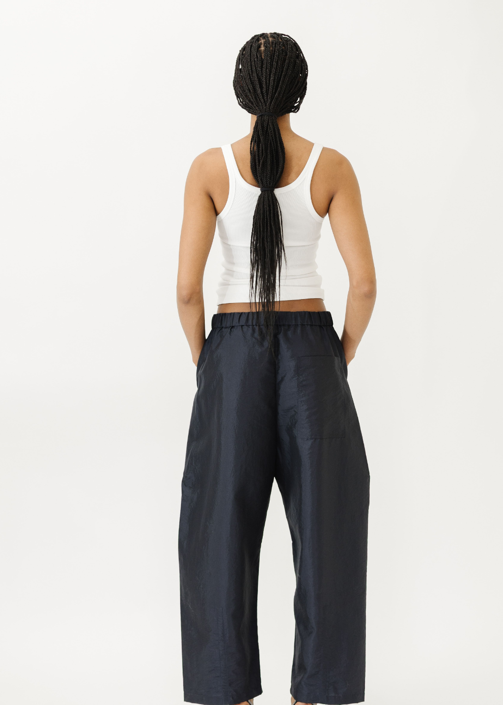 Tibi Crispy Nylon Winslow Pant in Navy | Shop Tula