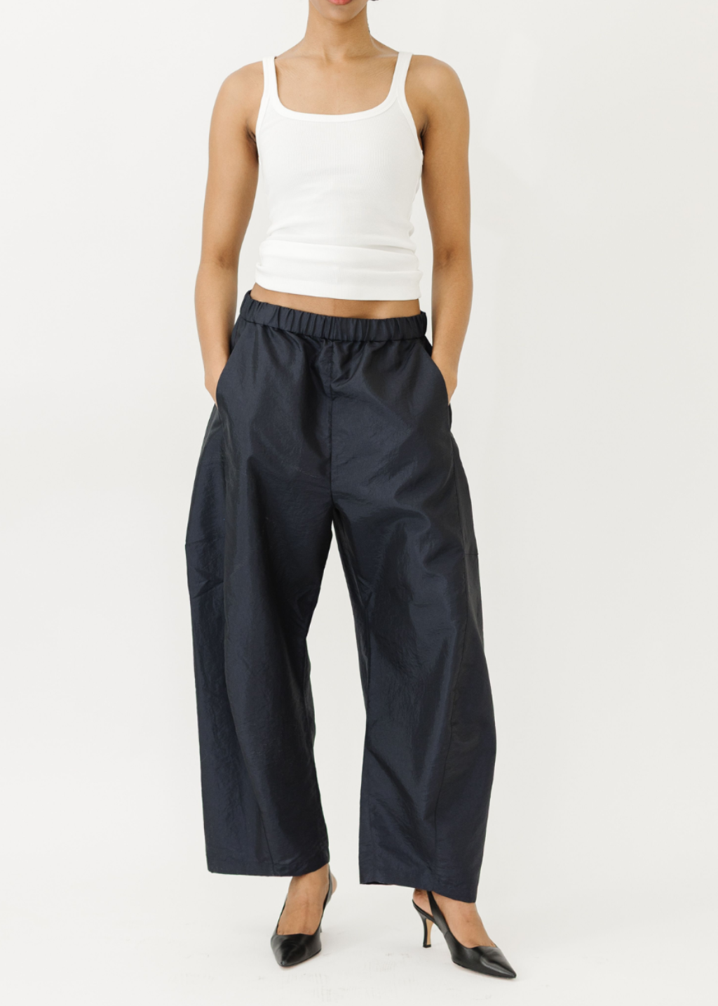 Tibi Crispy Nylon Winslow Pant in Navy | Shop Tula