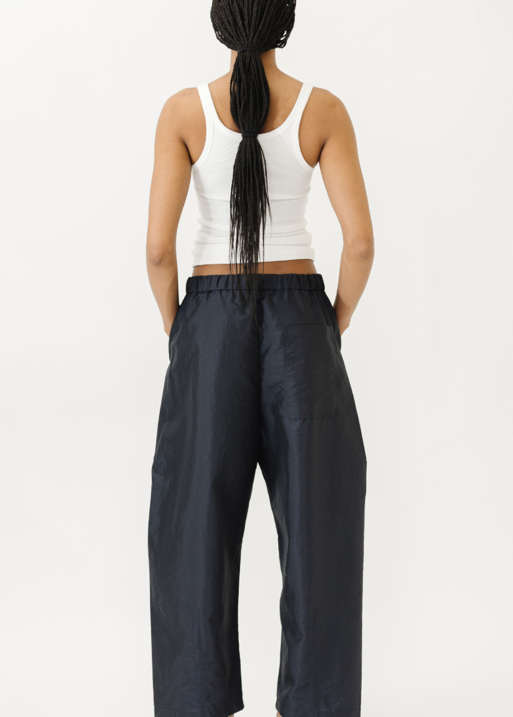 Tibi Crispy Nylon Winslow Pant in Navy | Shop Tula
